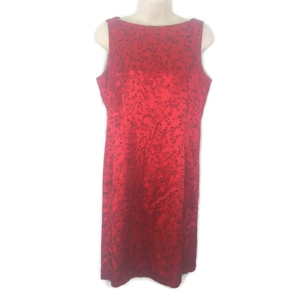 Vintage 70s Louis Snyder Dani Max Red Satin Black Velvet Floral Dress Size 10P