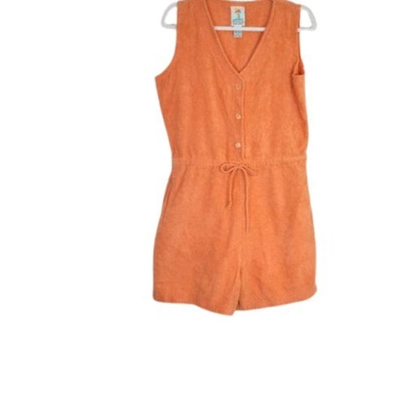 Vintage Tropical Escape Womens Romper Orange Terry Towel Drawstring Waist Pockets S