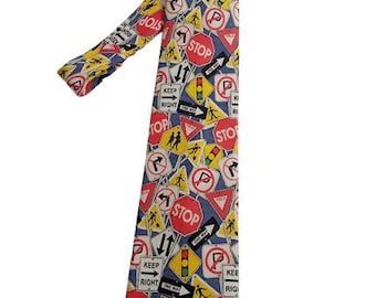 Cravatta vintage da uomo Jonathan Rogers, fatta a mano e da collezione, con tema segnali stradali, modello OS
