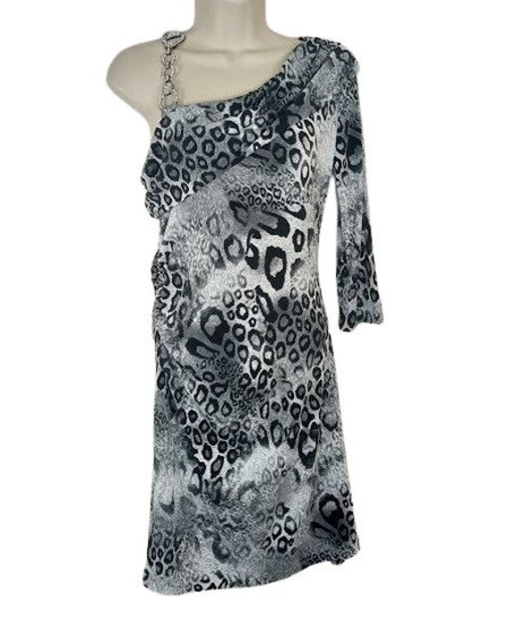 Vintage Cache Womens One Shoulder Mini Dress Gray Black Leopard Print Jersey Knit USA Made M Etsy