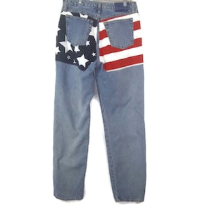 Rare Vintage 1990&#39;s Fredericks of Hollywood Colab Repurposed Button Fly American Flag Bootie Straight Leg Jeans Size 13/14