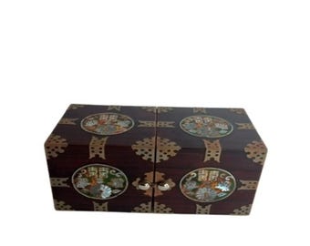 Boîte à bijoux orientale vintage laquée en nacre 4 tiroirs