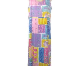 Vintage 90s Womens Planet Fish Mid-Maxi Dress Multi Pastel Boho Festival Chic  M