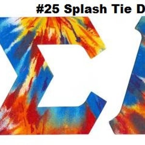 May include: Three large, tie-dye letters spelling out "ΣAE" in vibrant shades of blue, orange, and yellow. The letters are cut out, with a white background visible through the negative space. The text "#25 Splash Tie Dye" is above the letters.