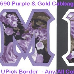 Puede incluir: Dos letras de tela, "M" y "K", en un patrón de rosas de col en morado y dorado sobre un fondo negro. Las letras tienen un borde blanco. El texto "#1690 Purple & Gold Cabbage Roses on Black" y "UPick Border - Any/All Colors Available" también es visible.