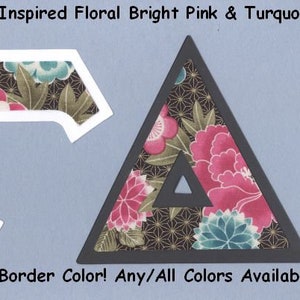 May include: Two decorative letters, "G" and "A", in a white and black border. The letters are filled with a floral pattern in shades of pink, turquoise, and black. The text "#1587 Asian Inspired Floral Bright Pink & Turquoise" is at the top of the image. The text "U-Pick Border Color! Any/All Colors Available" is at the bottom of the image.