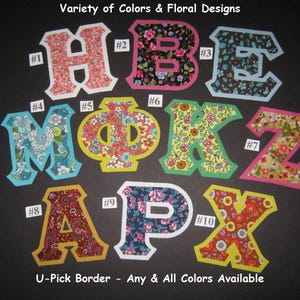 May include: Ten fabric letters with floral patterns in various colors. The letters are H, E, M, Φ, K, Z, A, P, X. Each letter has a number next to it, from 1 to 10. The text "U-Pick Border - Any & All Colors Available" is at the bottom of the image.