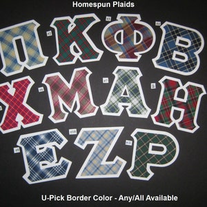 May include: A collection of plaid fabric letters with white borders, arranged on a black background. The letters include Greek and English characters. The text "Homespun Plaids" and "U-Pick Border Color - Any/All Available" are also visible.