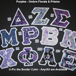May include: Eleven purple and white fabric letters with a white border. The letters are A, I, S, M, P, B, K, X, O, A, and E. The letters are arranged in a circle. The letters are numbered 1 through 11. The text "U-Pic the Border Color - Any/All are Available" is at the bottom of the image.