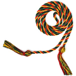 May include: A graduation honor cord in a spiral shape. The cord is made of twisted strands in red, yellow, green, and black. The ends of the cord have tassels in matching colors, and the cord has two decorative knots.