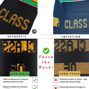 May include: Comparison image of authentic and imitation Kente cloth. The authentic cloth, handwoven in Ghana, features vibrant colors and hand-embroidered lettering. The imitation, machine-made in China, has dull colors and poor quality.