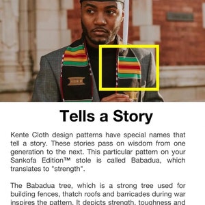 May include: A graduation stole with a Kente cloth design. The stole features a black base with red, yellow, and green stripes. The text "Tells a Story" is visible in the image.