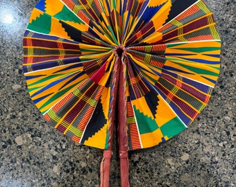 African Kente Print Fabric Handmade and Leather Folding Fan