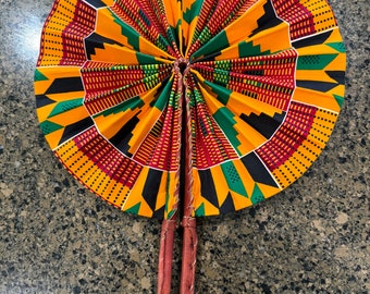 African Kente Print Fabric Handmade and Leather Folding Fan