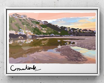 Crantock, Crantock Beach, The Gannel, Newquay, Cornouailles, Kernow, Mer, Soleil, Rochers, Memento, Impression numérique, Fabriqué au Royaume-Uni, Imprimer