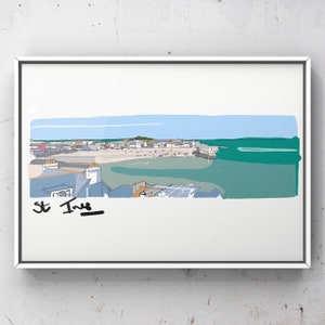 St Ives, St Ives Beach, Puerto, Cornualles, Kernow, Mar, Sol, Recuerdo, Impresión digital, Made in the UK, Impresión
