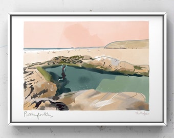 May include: A watercolour painting of a person jumping into a natural pool on a beach. The sky is a soft pink and the water is a vibrant green. The painting is signed "Pissanoth" and "The Hubba".