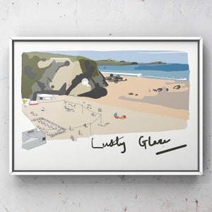 Lusty Glaze Beach, Newquay Beach, Rocks, Cornwall, Kernow, Sea, Sun, Memento, Digital Print, Made in the UK, Print