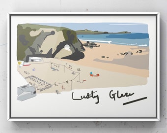 Lusty Glaze Beach, Newquay Beach, Rocks, Cornwall, Kernow, Mer, Soleil, Memento, Impression numérique, Fabriqué au Royaume-Uni, Imprimer