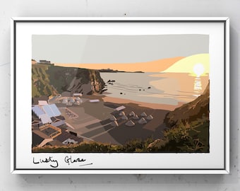 Lusty Glaze Beach, Newquay Beach, Rocks, Cornwall, Kernow, Mer, Soleil, Memento, Impression numérique, Fabriqué au Royaume-Uni, Imprimer