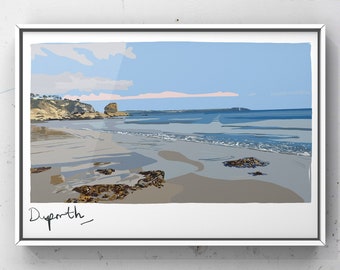 Duporth Beach, Duporth, St Austell, Cornwall, Sea Swimming, Sea, Sun, Charlestown, Digital Print, Made in the UK, Print, Illustration