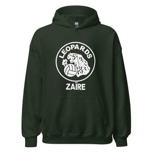May include: A dark green hooded sweatshirt with a white logo featuring a leopard holding a basketball. The logo says "LEOPARDS ZAIRE".