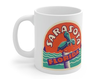 Vintage, Retro Design, Sarasota Florida Mug, Coffee Cup. 1950's, Vacation Poster Reproduction, Fathers Day Present Ceramic Mug 11oz