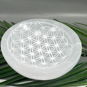 May include: A white selenite bowl featuring a carved Flower of Life design. The round bowl rests on green leaves. The bowl is approximately 10 cm in diameter.