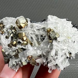 Pode incluir: Um aglomerado de cristais de pirita dourados e brilhantes, intercalados com cristais de quartzo transparente. O quartzo forma uma estrutura radiante e espinhosa. Fundo cinza.
