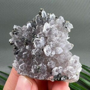 Pode incluir: Um aglomerado de cristais de ametista translúcidos de cor púrpura clara com pequenas inclusões de pirita metálica de cor latão espalhadas por toda a formação. O espécimen mineral apresenta pontas de cristal afiadas e uma forma irregular.