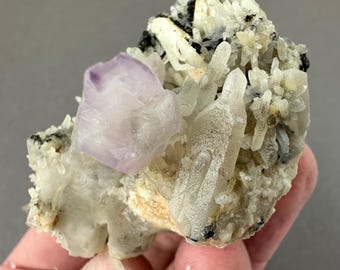May include: A cluster of clear quartz crystals with a purple amethyst crystal. The quartz crystals are clustered together in a variety of sizes and shapes. The amethyst crystal is a deep purple color and is located in the center of the cluster.