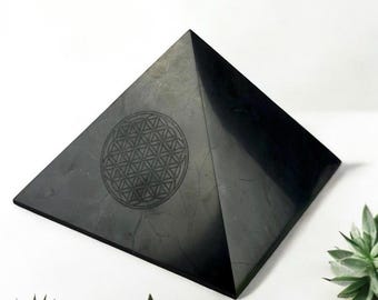 Shungite with Flower of life  , 20 cm Pyramid of  stone Shungite,geopathic stress protection for your home , Black Shungite, Black Mineral