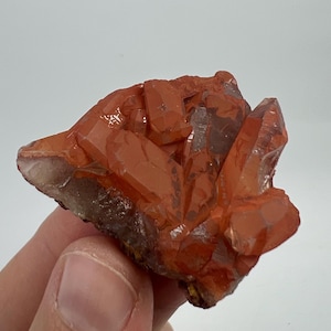 Può includere: Un gruppo di cristalli di quarzo rosso-arancio. I cristalli hanno un aspetto traslucido e sono raggruppati, formando una formazione naturale unica. Il quarzo è di un colore vibrante e terroso.