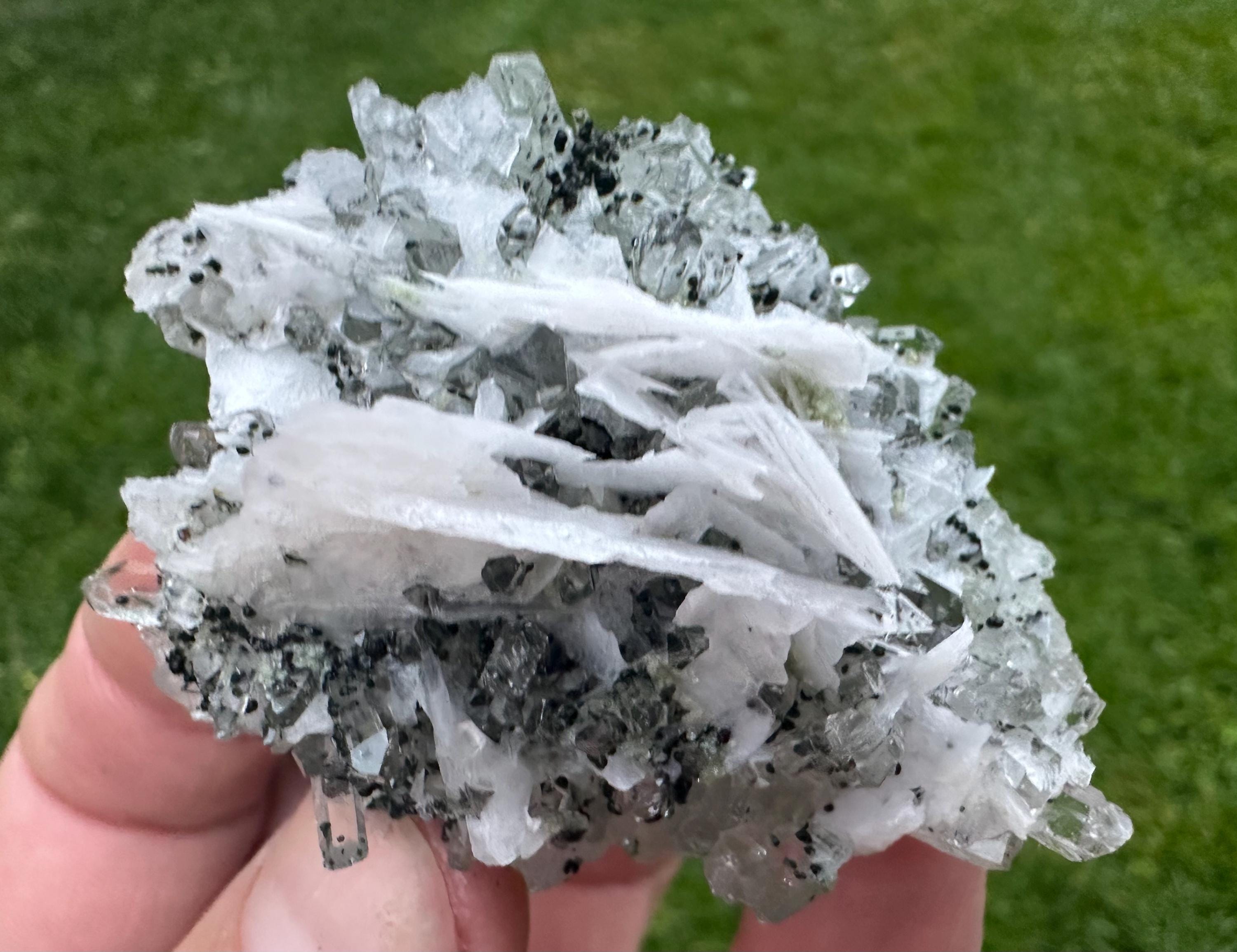 Amazing Calcite Flower on Clear Quartz and Chlorite from Borieva mine, Madan, Bulgaria, Crystal, Mineral, rock, gift, collection, N1833