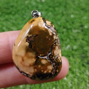 May include: A brown, green, and white stone pendant with a silver bail. The stone has a mottled pattern.