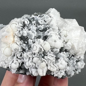 May include: A close-up of a mineral specimen featuring a cluster of white, crystalline formations. The specimen has a mix of textures, with some areas appearing smooth and others rough. The colors are primarily white, gray, and a hint of beige.