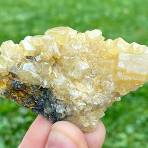 Può includere: Un gruppo di cristalli di barite di colore giallo pallido su una matrice grigio scuro. I cristalli sono traslucidi e hanno una leggera lucentezza iridescente.