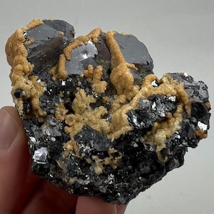 Galena and Sphalerite covered with Orange Calcite - Krushev dol mine, Madan, Bulgaria, Rare Morphology, Crystal, Mineral, Collectors, NA2328