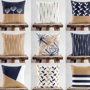 Sand Navy Throw Pillow Cover • Camel Beige Brown Blue Decorative Accent Pillows for Couch