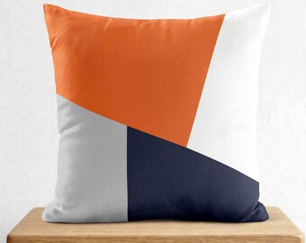 Burnt Orange Navy Gray Throw Pillow Cover • Color Block Decorative Pillows for Couch