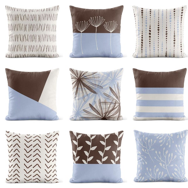 Brown Light Blue Throw Pillow Cover • Decorative Pillows for Couch