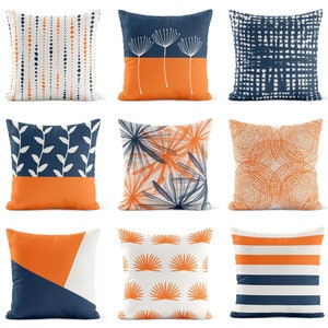 Orange Navy Throw Pillow Cover • Blue Pillowcase • Decorative Pillows for Couch