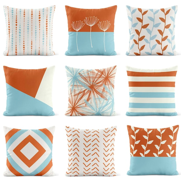 Burnt Orange Light Blue Throw Pillow Cover • Terracotta Aqua Pillow Case • Decorative Pillows for Couch
