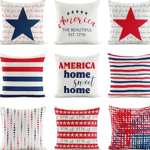 4th of July Pillow Patriotic Throw Pillow Cover • Red Blue Decorative Pillows for Couch Sofa • Accent Pillow Cover