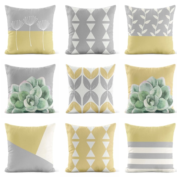 Light Gray Yellow Throw Pillow Cover • Decorative Pillows for Couch