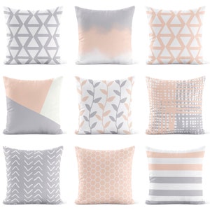 Peach Pink Light Gray Throw Pillow Cover Pillowcase •  Decorative Pillows for Couch