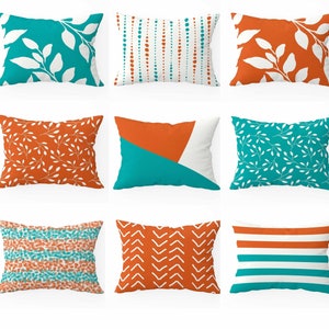 Burnt Orange Teal Blue Throw Pillow Cover • 14x20 Lumbar Pillow Case • Mix and Match Decorative Pillows • Accent Pillows for Couch