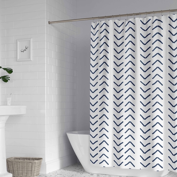 Navy Blue White Mudcloth Print Shower Curtain • Minimalist Bath Curtain • Modern Bathroom Decor