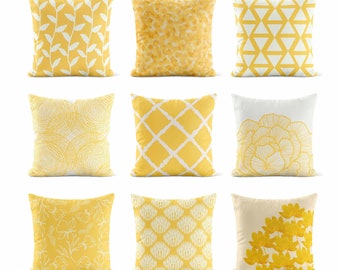 Yellow Throw Pillow Cover • Floral Leaf Windowpane Decorative Pillows for Couch