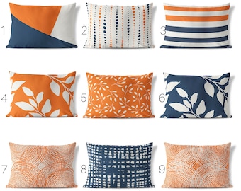 Orange Navy Throw Pillow Cover • Lumbar Pillow Cover 14x20 • Cushion Cover • Modern Accent Pillows for Couch